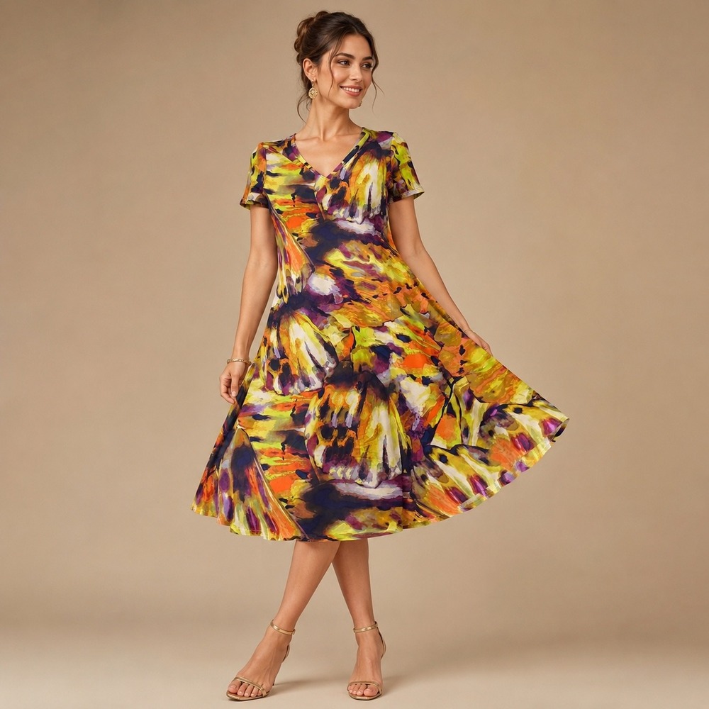 Attitudes by Renee Midi Dress Petite Large Multicolor Abstract Floral Art Boho